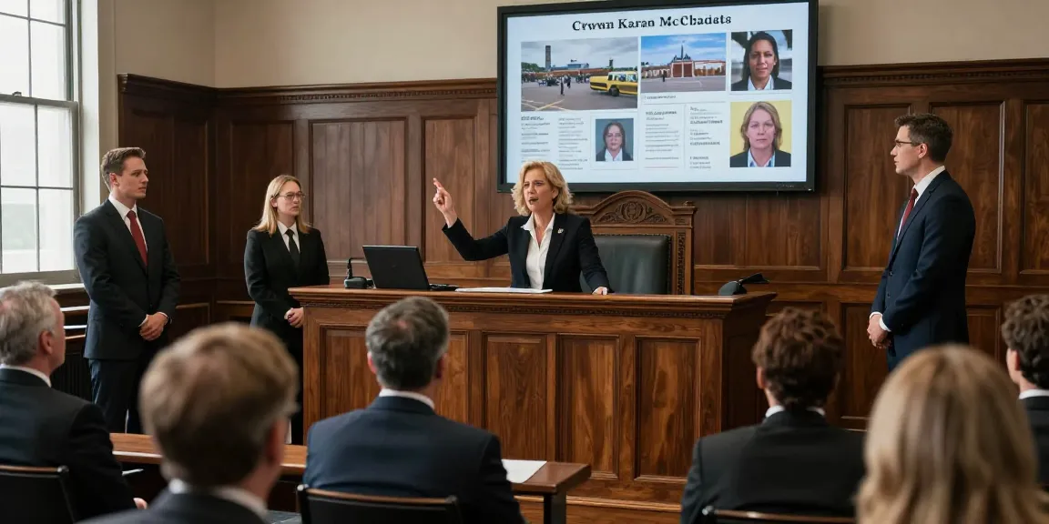 Karen McCleave Toronto presenting evidence in a tense courtroom during a murder trial.