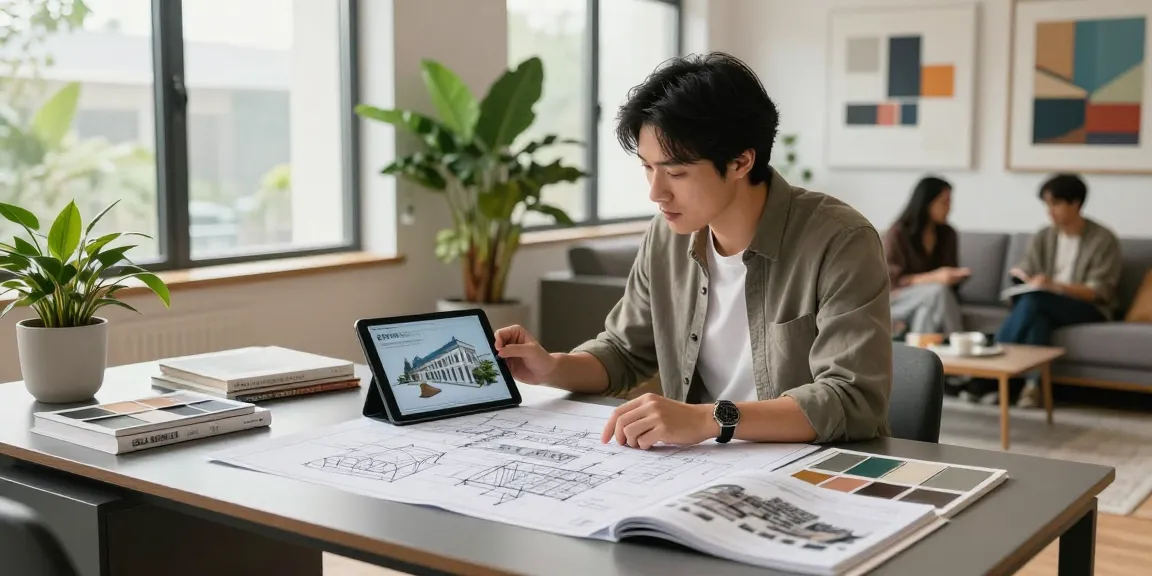 Architect reviewing designs in a modern office, showcasing รับออกแบบบ้าน service with creative elements.