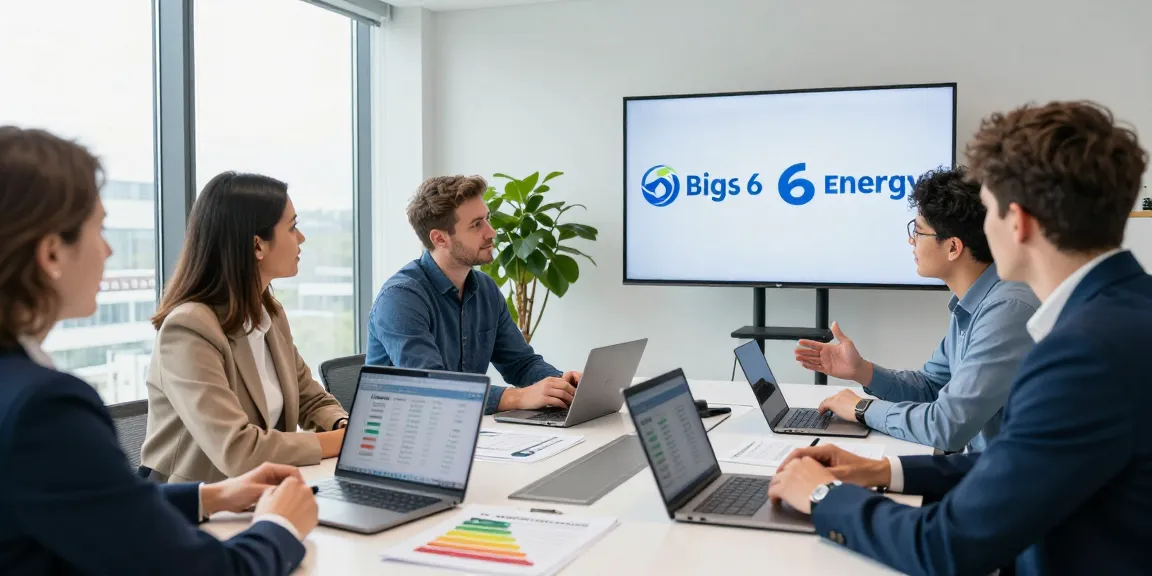 Meeting with business experts discussing big 6 energy suppliers in a modern office.