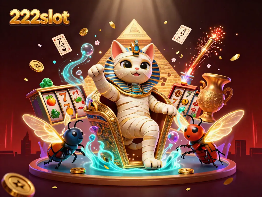 Slot gacor 222slot menyajikan ilustrasi cat mummy 3D dikelilingi elemen kasino dalam casino online.