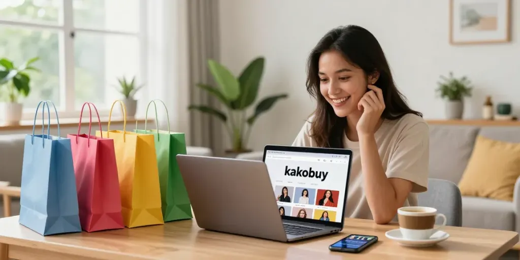 Excited shopper exploring kakobuy logo online amidst colorful shopping bags in a cozy living room.