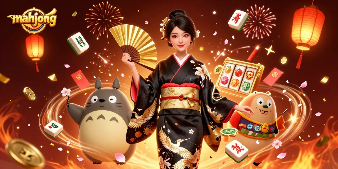 Engaging illustration showcasing Mahjong-themed gaming experience with elements like tiles, slot reels, and vibrant celebration.