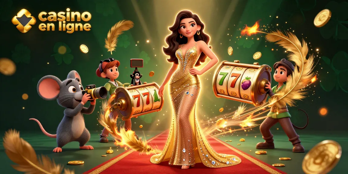 Vivez l'excitation du casino en ligne avec une scène glamour mêlant une femme magnifique, une souris dorée et des éléments de jeu captivants.