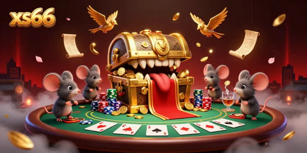 Engaging xs66 scene with treasure chest, poker elements, and vibrant characters highlighting online gambling strategies.