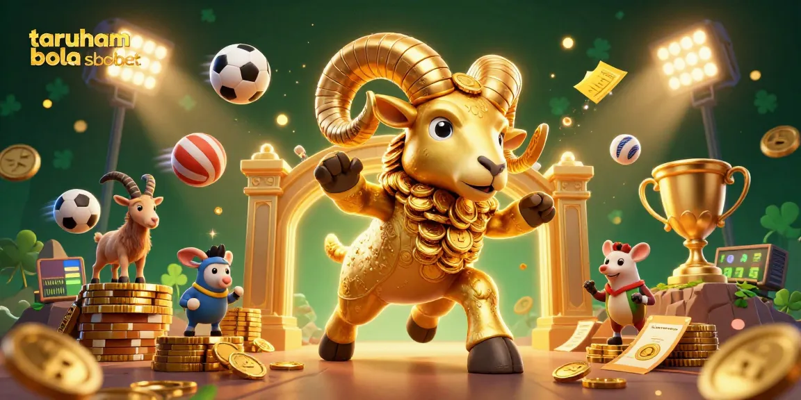 Bet on taruhan bola sbobet with an exciting scene of a golden ram and sports elements.