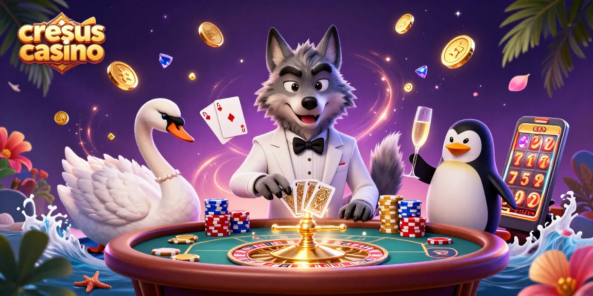 Cresus Casino présente une scène de jeu de baccarat avec un loup dégagé, un croupier cygne et un sommelier manchot.