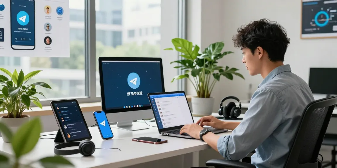 Engaging workspace showcasing Telegram app features, 纸飞机中文版 on laptop, promoting modern communication.