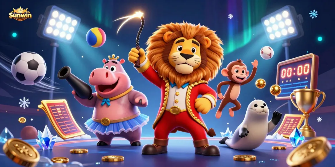 Experience thrilling wins with Sunwin, featuring a dynamic scene of casino characters and vibrant game elements.