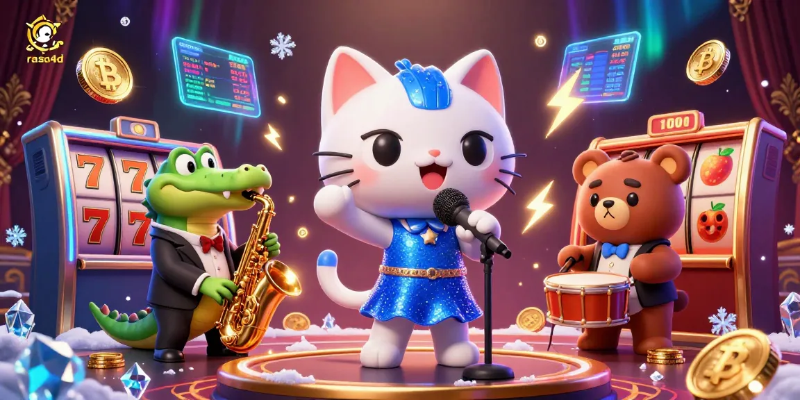 Play exciting games with rasa4d, featuring a jazzy cat, a crocodile, and a bear cub amidst vibrant casino visuals.