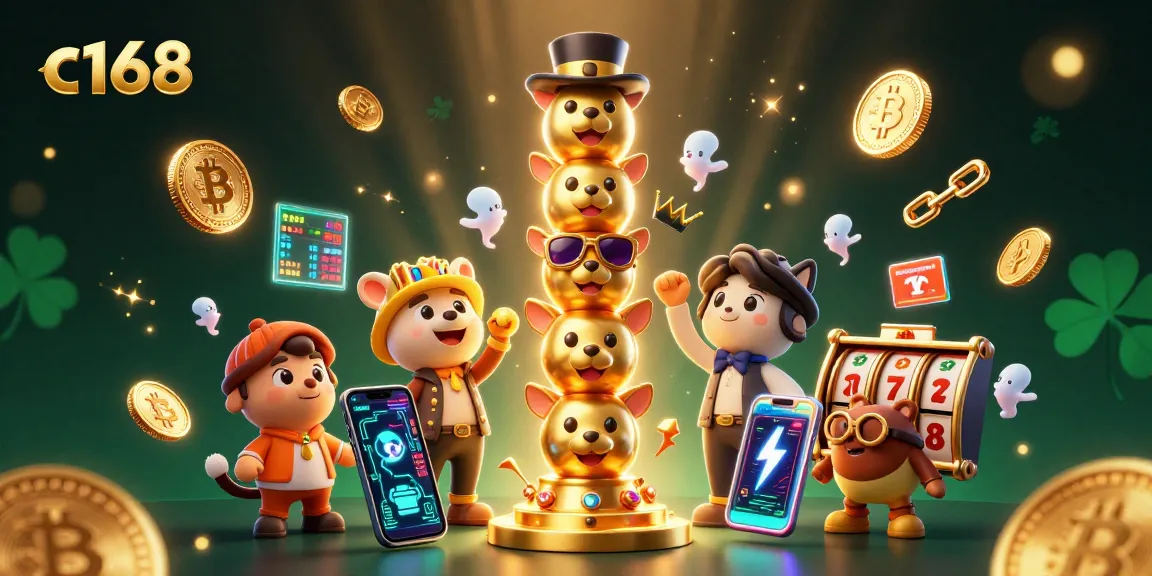 Spin to win with c168 and vibrant slot reels, showcasing exciting casino elements and crypto icons.