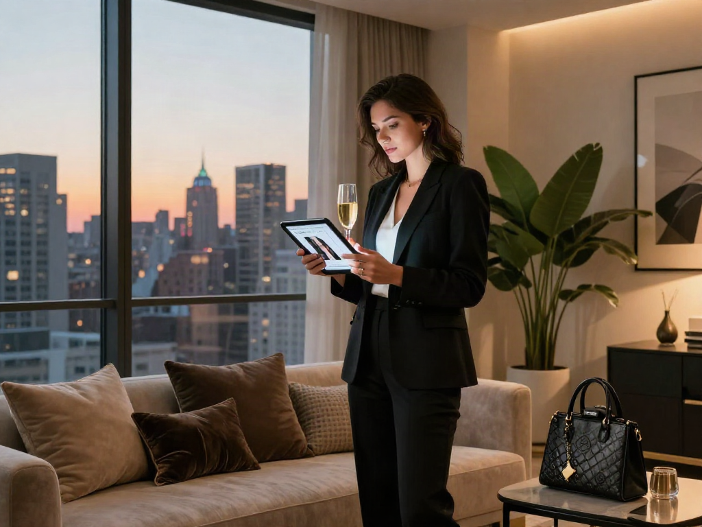 Gaya hidup mewah luxury111 di apartemen kota modern dengan pemandangan matahari terbenam.