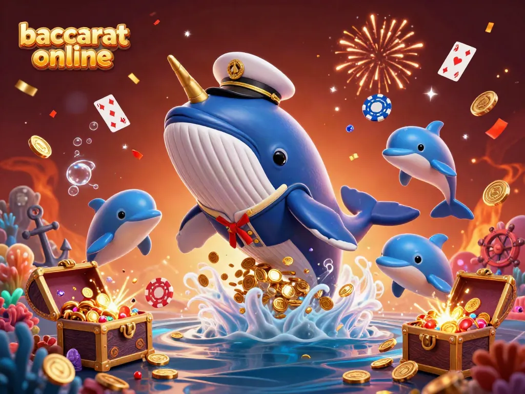 Experience baccarat online with a fantastical scene involving a whale, narwhal, and dolphins amidst treasure and casino elements.