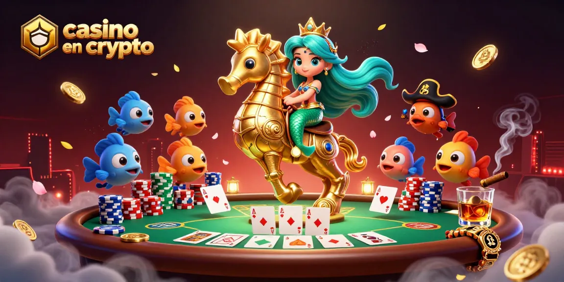 Illustration captivante d'un casino en crypto, montrant une princesse sirène et des poissons colorés autour d'une table de poker.