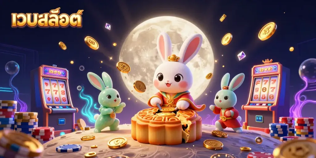 Unveiling the world of เว็บสล็อต with a vibrant 3D illustration of a moon rabbit revealing poker chips.