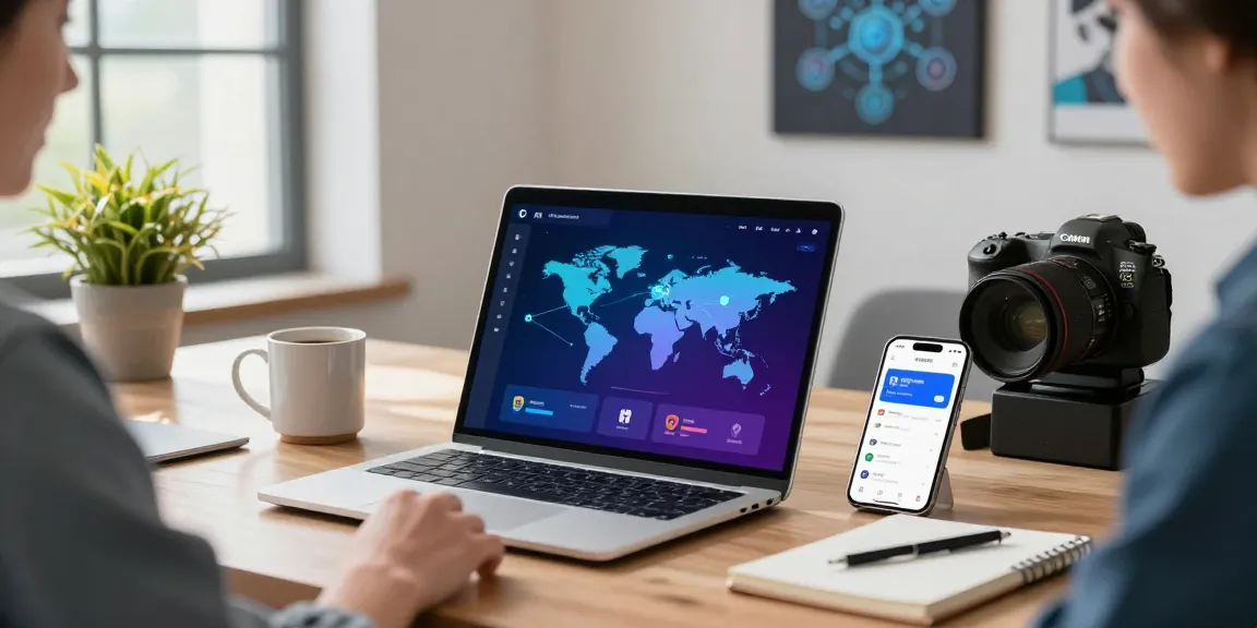 User connecting to 快连 network on a modern laptop in a sleek office.