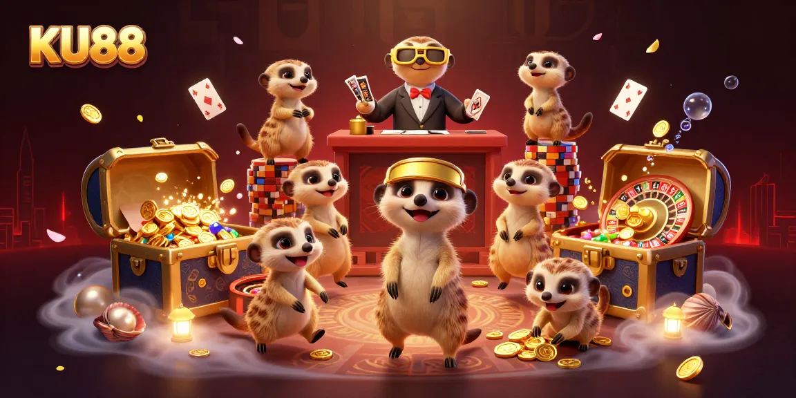 Engage with KU88's animated meerkat casino operations in a vibrant digital illustration.