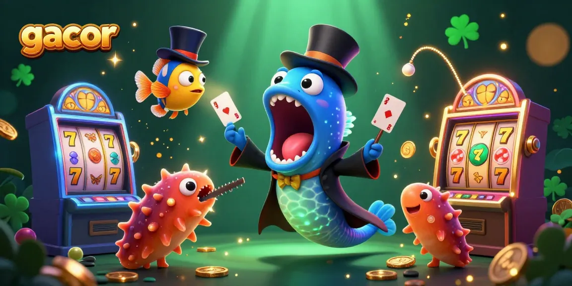 Engage with gacor gaming excitement as the gulper eel performs card tricks amid vibrant slot machines.
