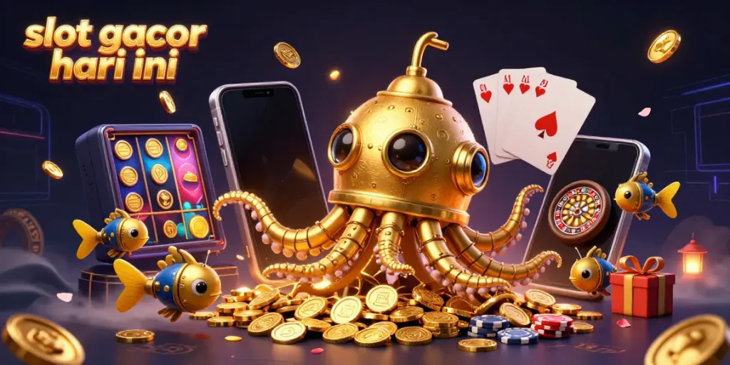Permainan slot gacor hari ini, menggambarkan kraken emas dalam lautan koin sambil berinteraksi dengan smartphone.