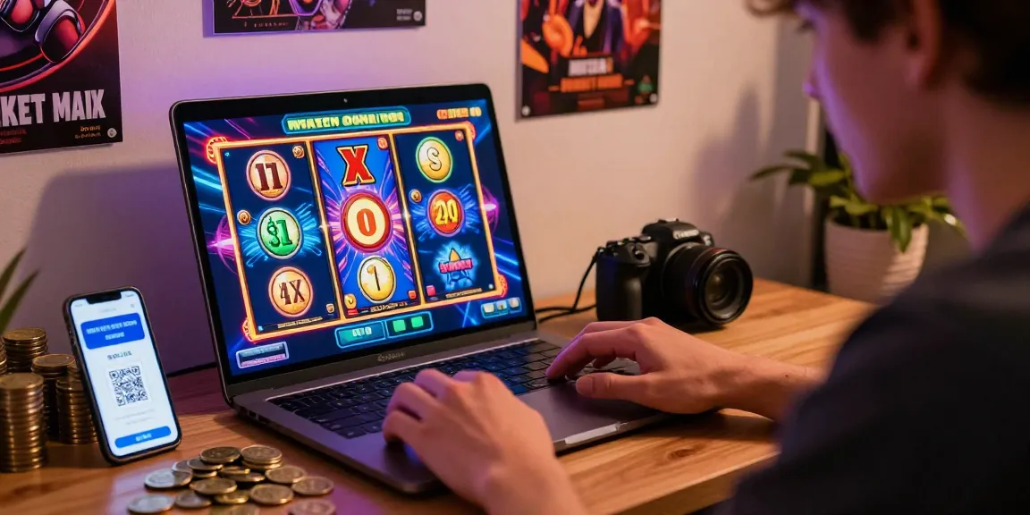 Winning at a slot deposit 5k game on a laptop with colorful graphics and QRIS payment displayed.