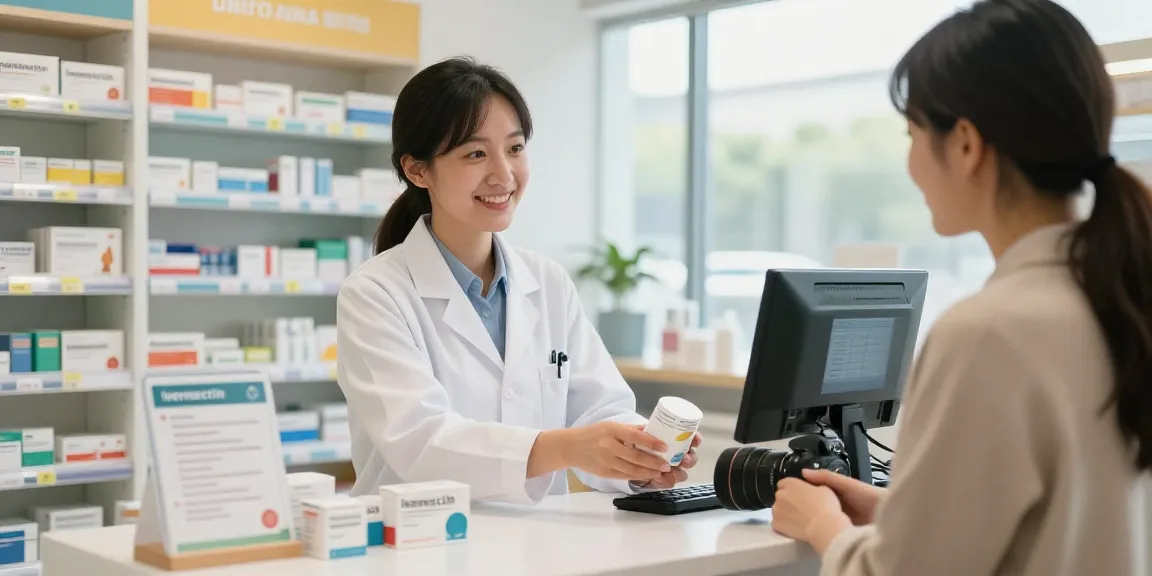 Ivermectin dosage for humans information shared in a modern pharmacy setting, highlighting customer service and care.