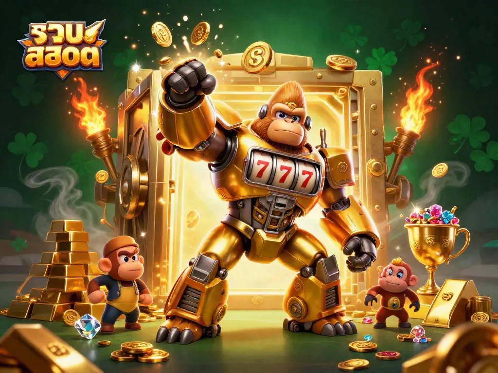 Experience thrilling gaming action with รวมสล็อต showcasing a golden gorilla mech and dynamic treasures.