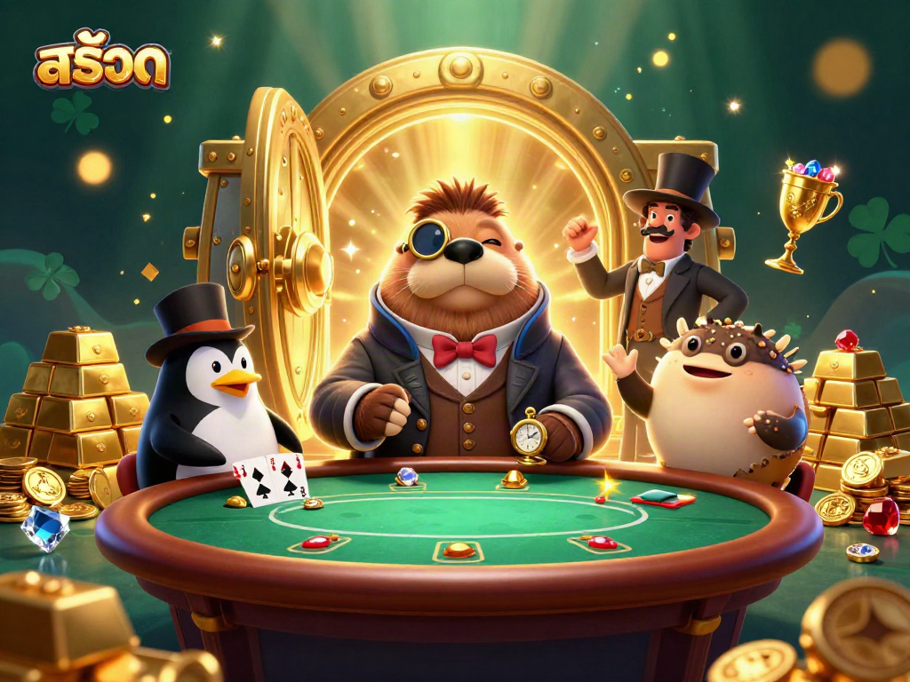 Experience the thrill of สล็อต with a festive underwater poker game featuring a walrus, penguin dealer, and pufferfish.