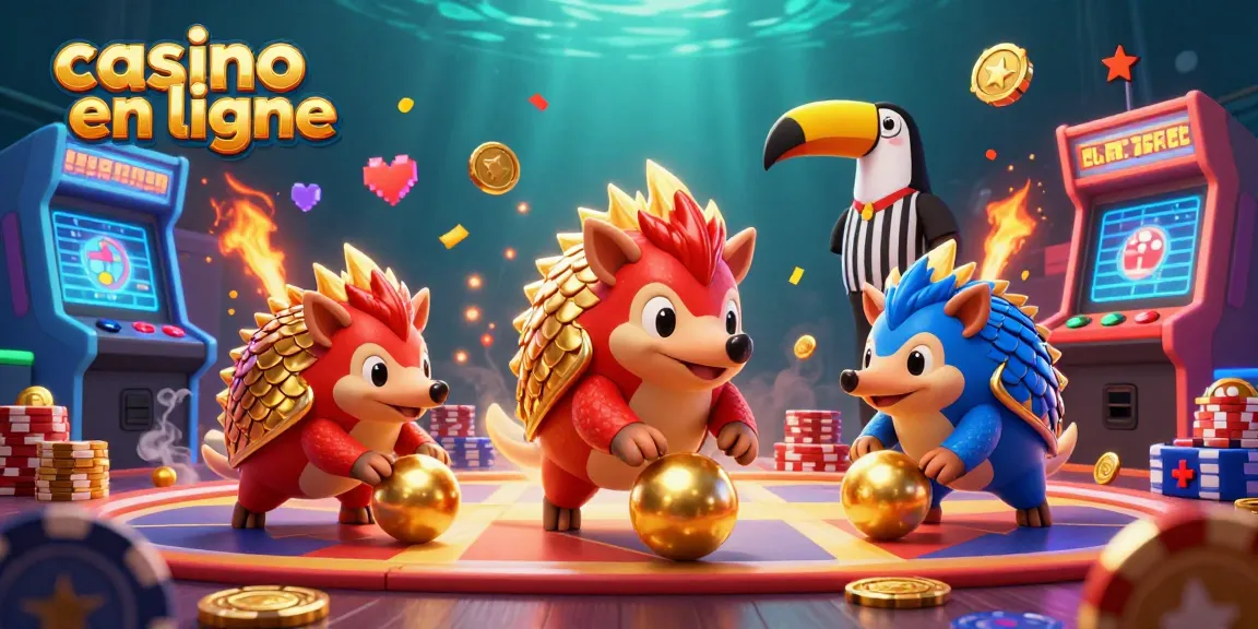 Les pangolins en compétition au casino en ligne entourés de jeux lumineux et d'effets dorés.