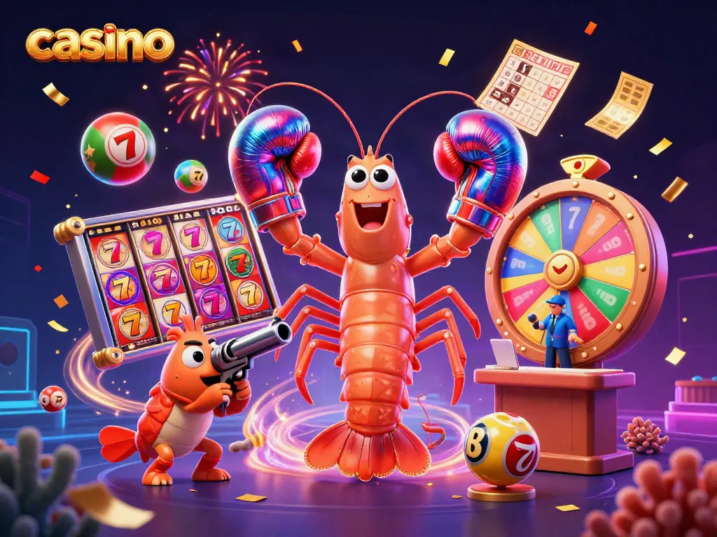 Experience thrilling casino action with vibrant 3D characters amid dynamic game elements and a celebratory backdrop.