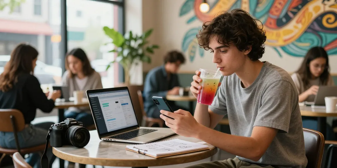 Where to buy Instagram followers at a trendy café with an influencer engaging on social media.