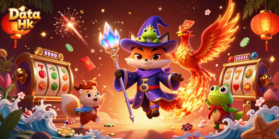 Engage with Data Hk through a vibrant 3D casino illustration featuring a wizard fox and dynamic game elements.