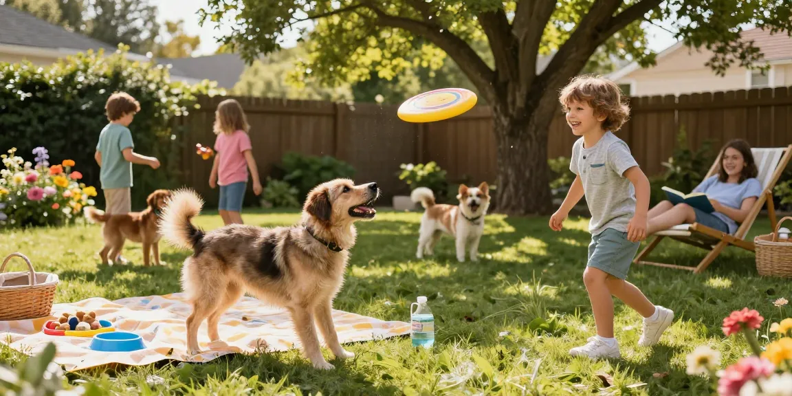 Playful scene of a dog fetching a frisbee in the backyard, highlighting NAGA2000 family pet joy.