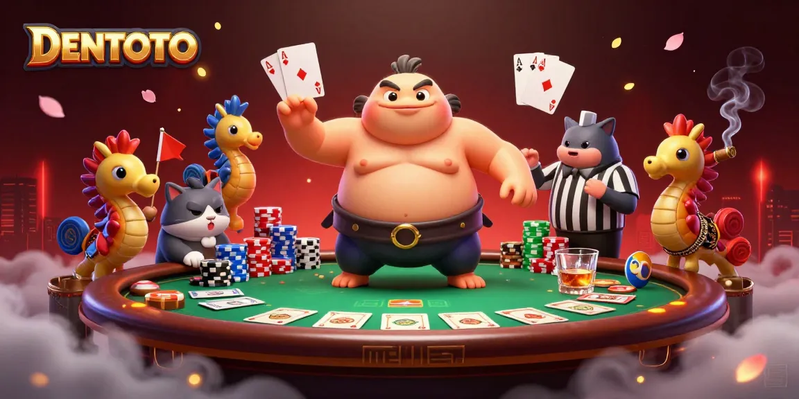 DENTOTO features a lively underwater poker scene with a cartoon fugu, referee catfish, and waving seahorses.