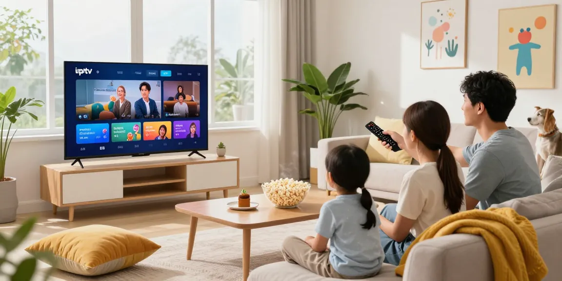 Enjoying iptv entertainment together as a family in a cozy living room.