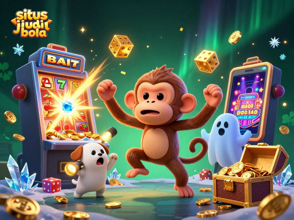 Experience situs judi bola action with a playful poltergeist monkey and curious puppy in a lively casino.