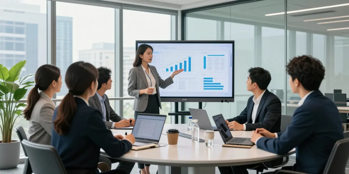 Team collaboration at https://companynamesucks.com/ in a modern conference room with insights displayed on a digital screen.