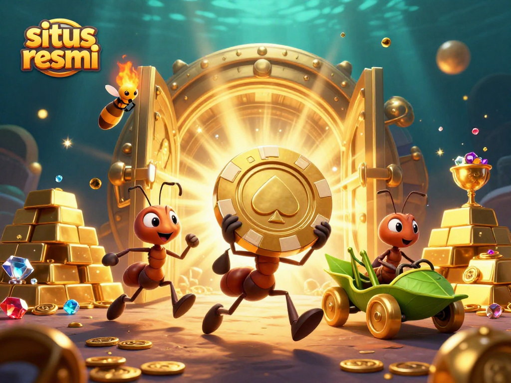 Engage with situs resmi through an exciting ant heist cartoon scene, showcasing lively gambling elements.