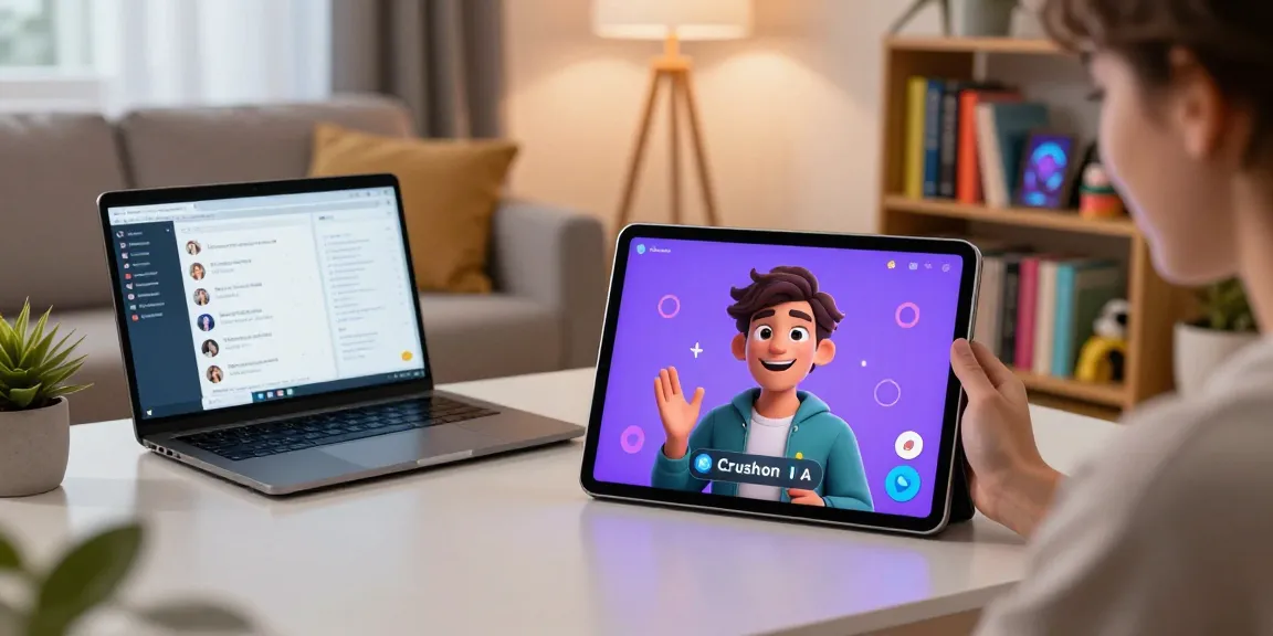 Interactive chat with Crushon IA showcases vibrant character engagement in a modern living room.