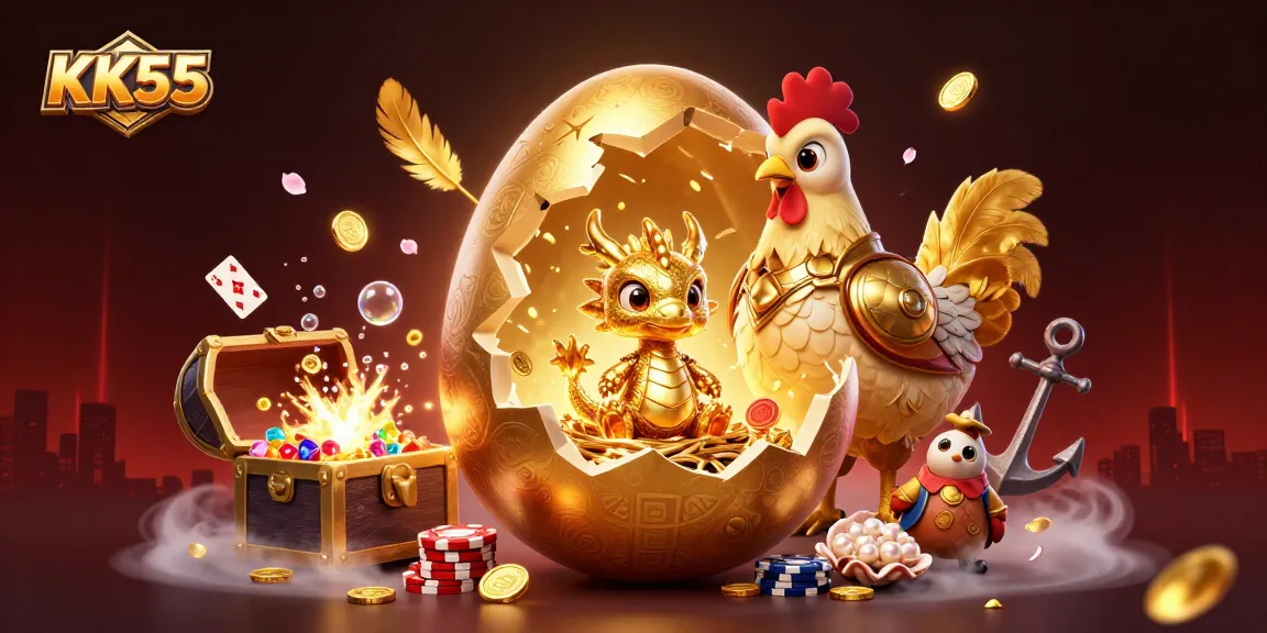 Engage with KK55's dynamic gaming scene featuring a golden dragon and poker elements.