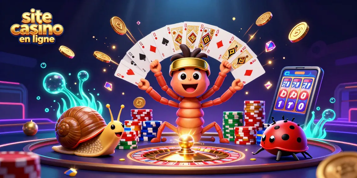 Jouez sur un site casino en ligne avec un croupier millipède animé, cartes à jouer et jetons colorés.