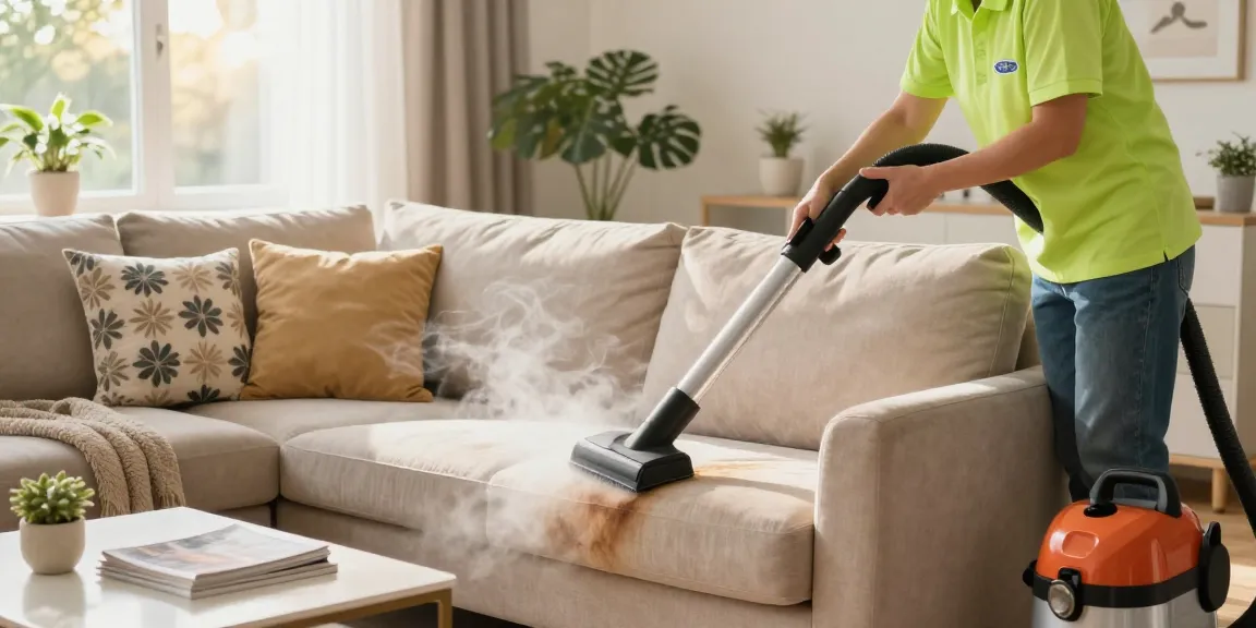 Steam cleaning couch in a bright living room, showcasing professional cleaning action with steam rising.