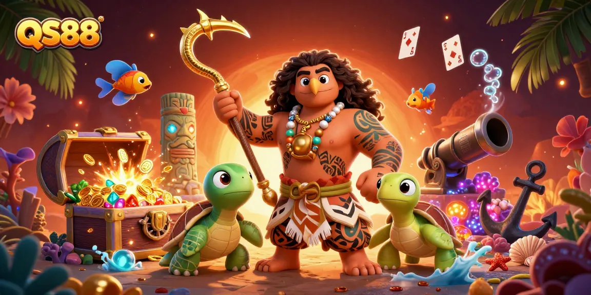 Experience the thrill of winning big at QS88's online games with vibrant illustrations of a hawk and turtle amidst casino treasures.
