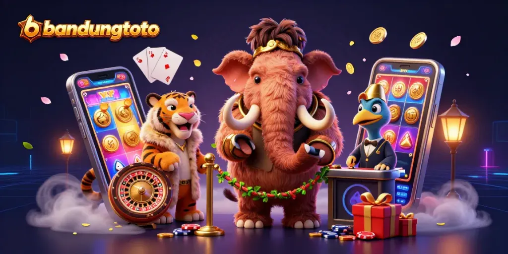 Enter the thrilling world of bandungtoto with a vibrant casino scene featuring characters and incredible game elements.