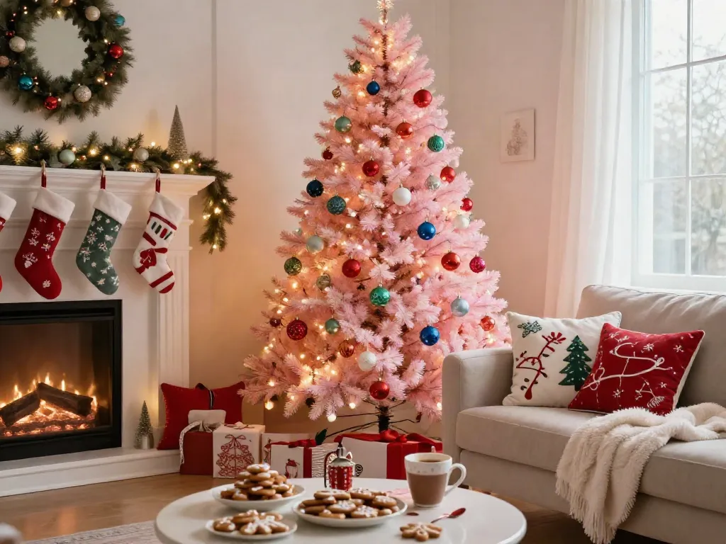 Stunning pink pre lit Christmas tree adorned with ornaments in a cozy holiday living room setting.