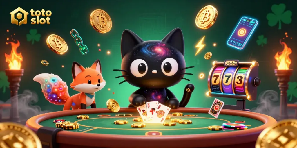 Spin the reels with the lively toto slot at a cosmic casino table, featuring vibrant characters and crypto elements.