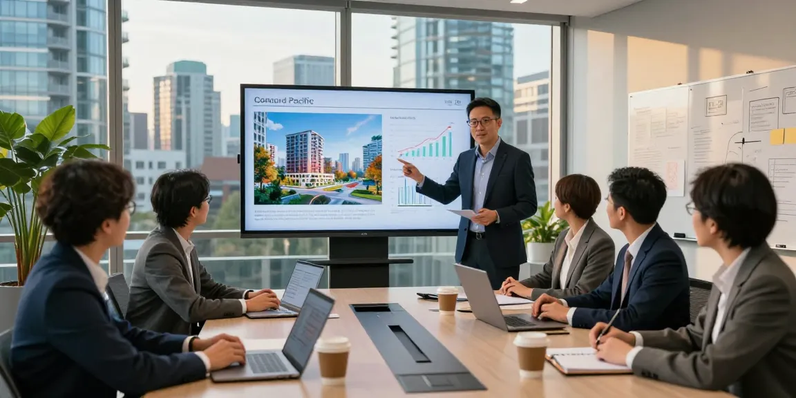 Terry Hui leading a strategic meeting with his team, showcasing innovative architectural plans in a modern corporate office in Vancouver.