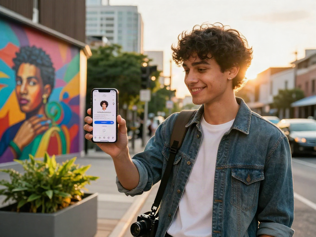 Individual performing an attractiveness test on a smartphone in a vibrant urban environment