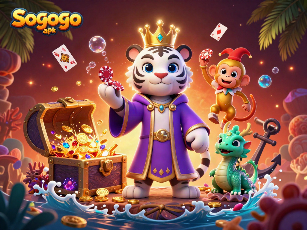 Sogogo apk showcases an exciting 3D casino scene with a majestic white tiger, a jester monkey, and vibrant game elements.