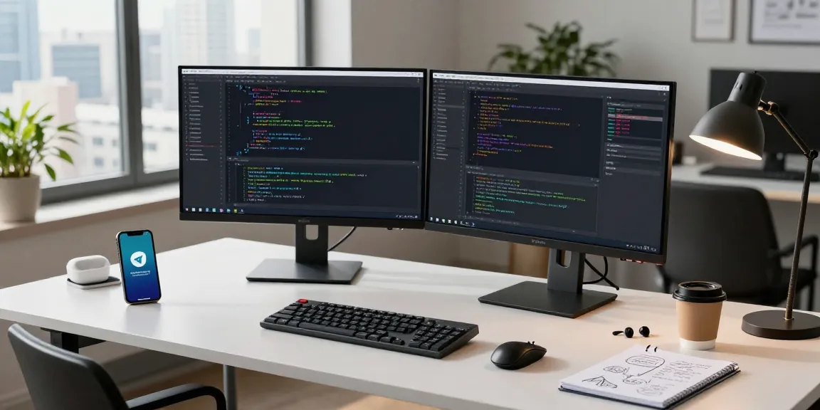 Developer at digital workspace coding on teiegramin.com with dual screens and modern tech