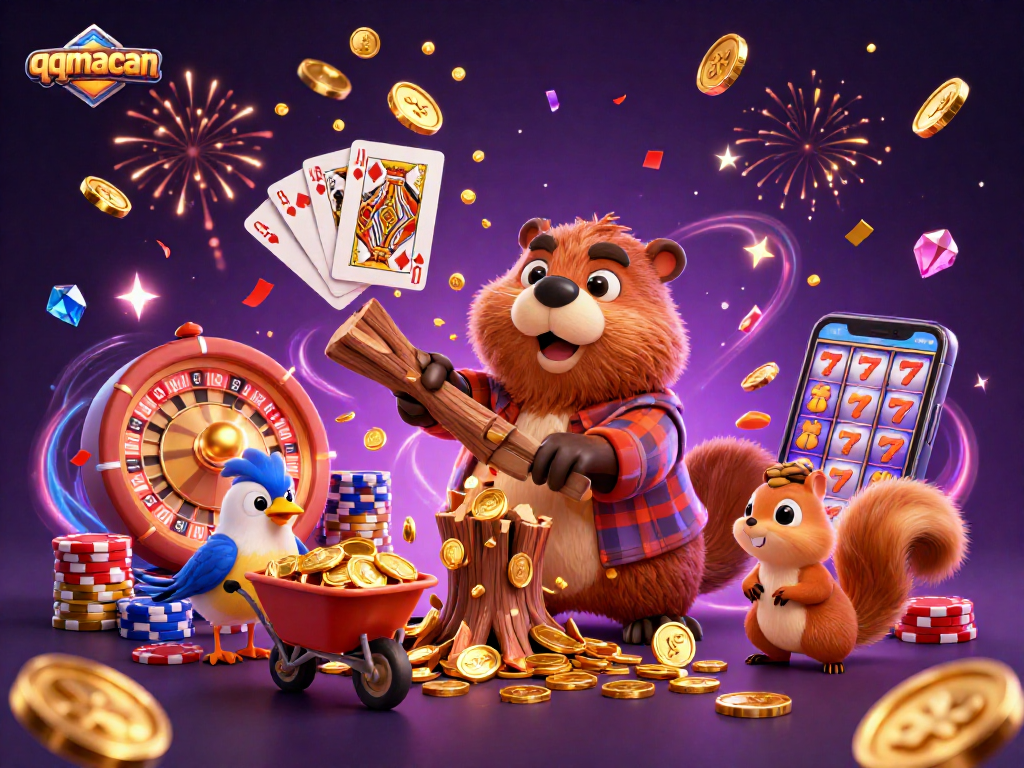 Experience thrilling moments with qqmacan as the lumberjack beaver collects coins in a celebratory scene.