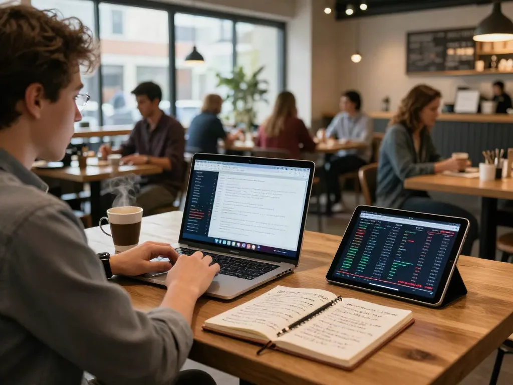 加密货币API in use at a coffee shop, showcasing blockchain education, live market data, and trading insights